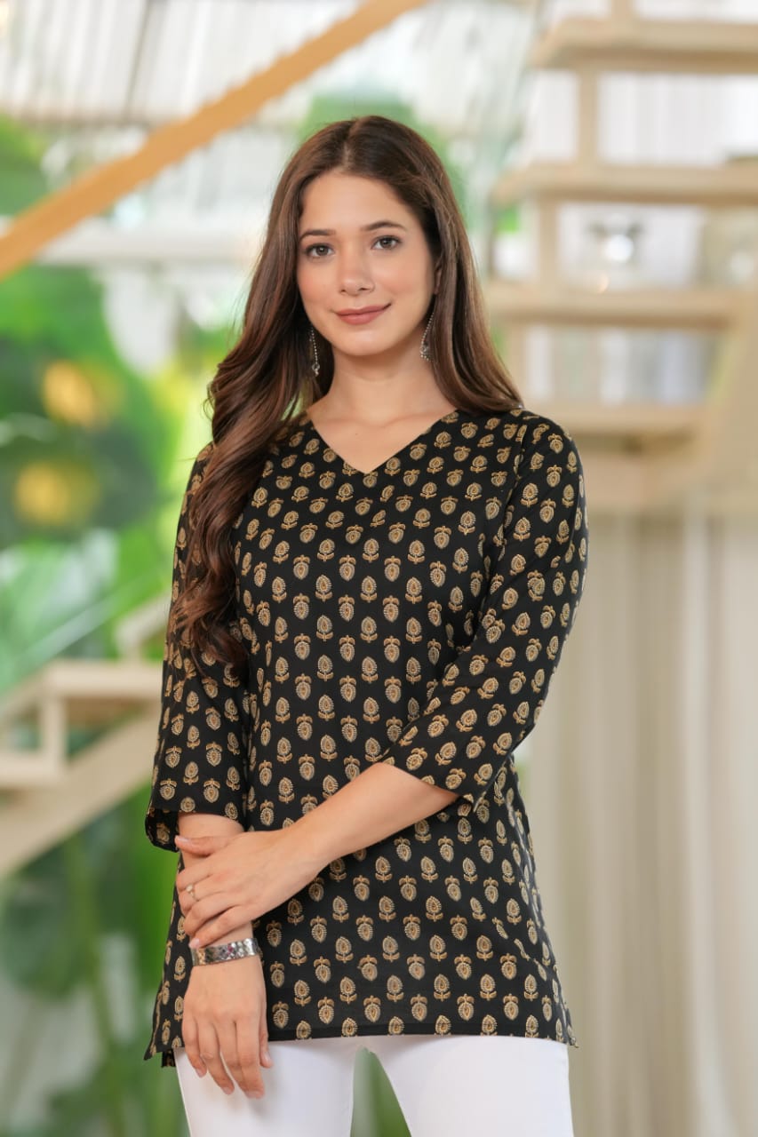 Black Cotton V-Neck Golden Paisley Print Top - Pure Cotton