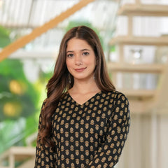 Black Cotton V-Neck Golden Paisley Print Top - Pure Cotton