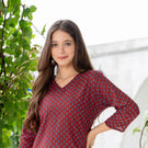 Red Cotton V-Neck Geometric Print Top - Pure Cotton