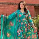 Teal Green Cotton Angrakha Anarkali Kurta Set