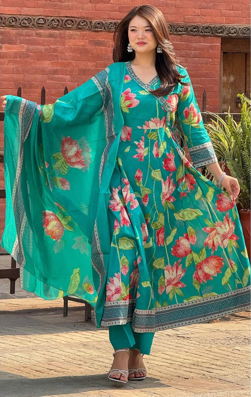 Teal Green Cotton Angrakha Anarkali Kurta Set