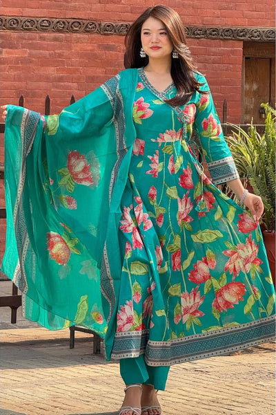 Teal Green Cotton Angrakha Anarkali Kurta Set