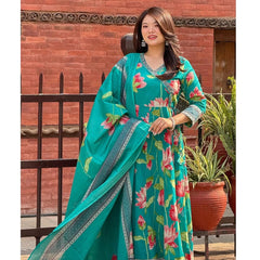 Teal Green Cotton Angrakha Anarkali Kurta Set