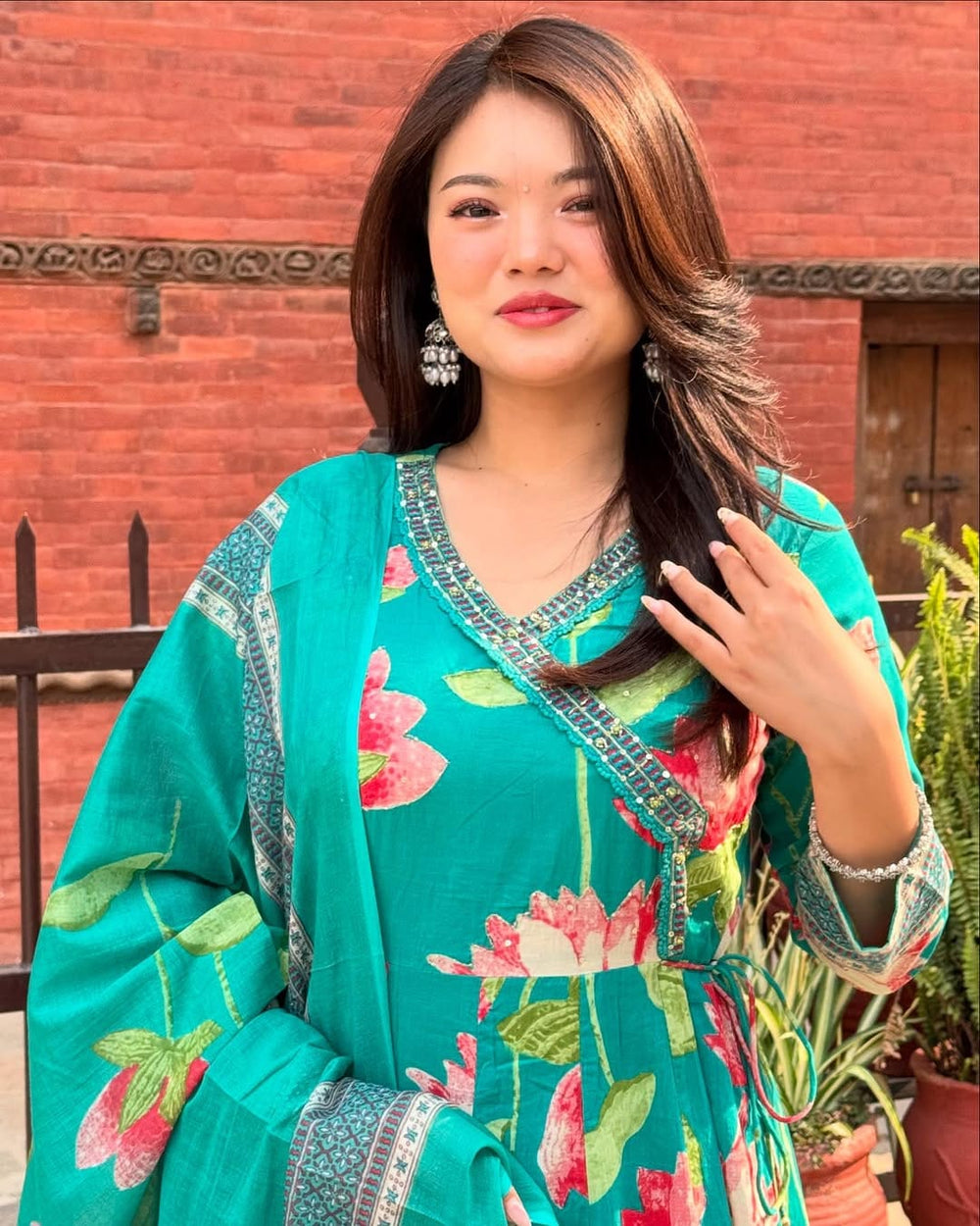 Teal Green Cotton Angrakha Anarkali Kurta Set