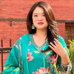 Teal Green Cotton Angrakha Anarkali Kurta Set