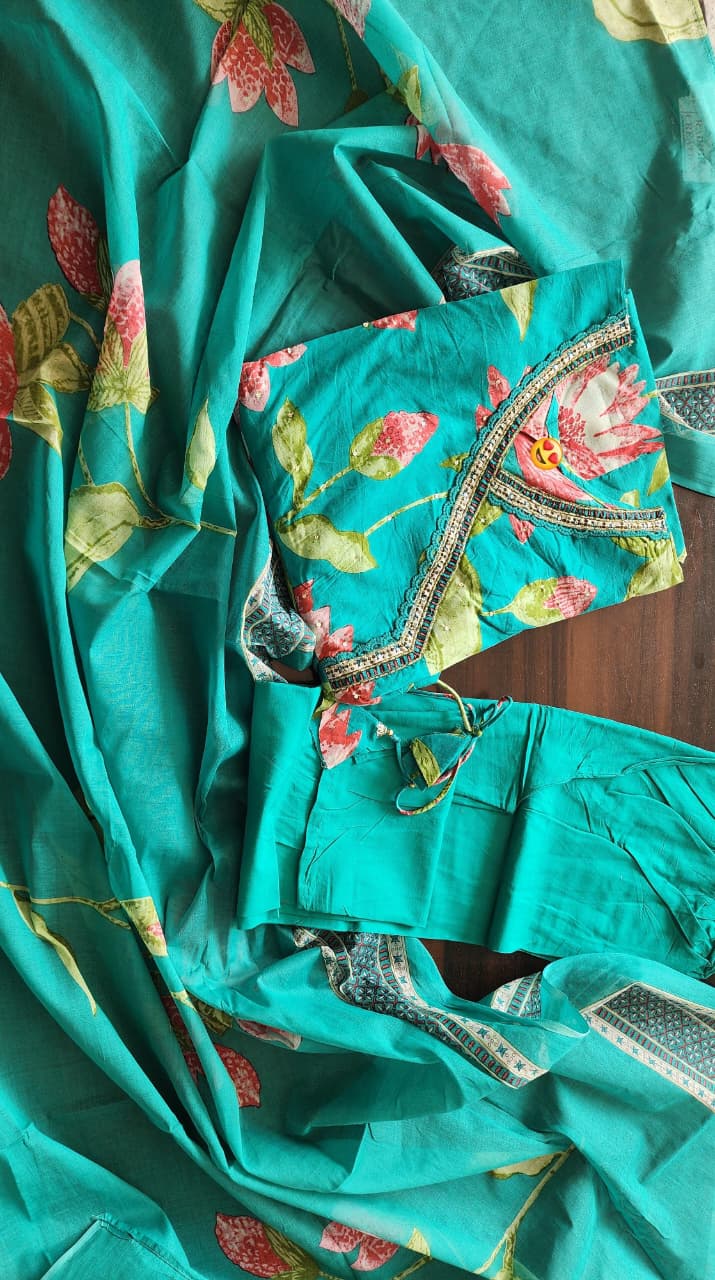 Teal Green Cotton Angrakha Anarkali Kurta Set