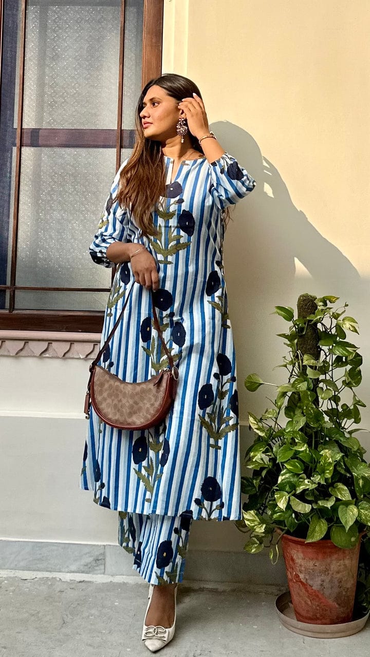 Women’s Striped Floral Cotton Kurta Set