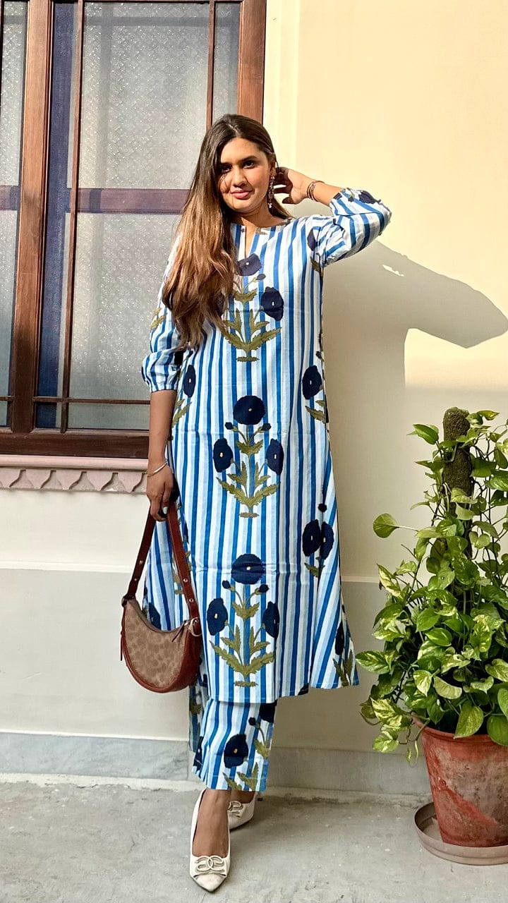 Women’s Striped Floral Cotton Kurta Set