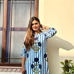Women’s Striped Floral Cotton Kurta Set