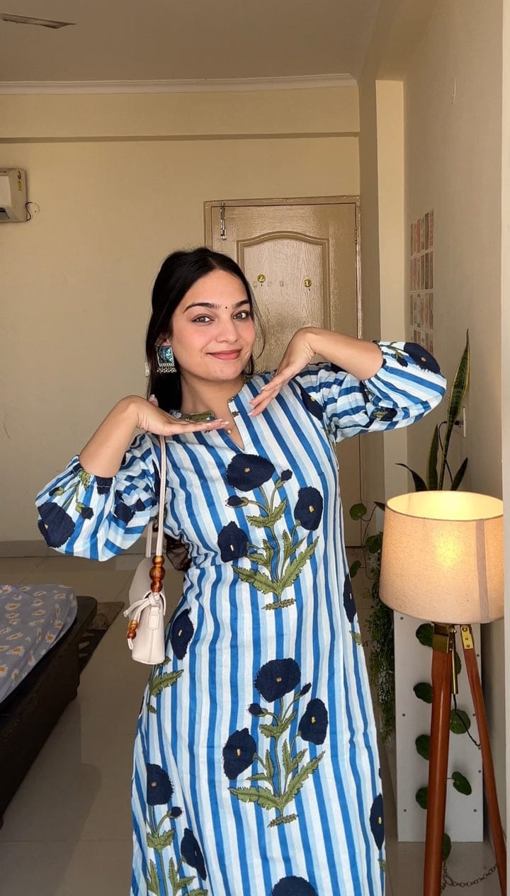Women’s Striped Floral Cotton Kurta Set