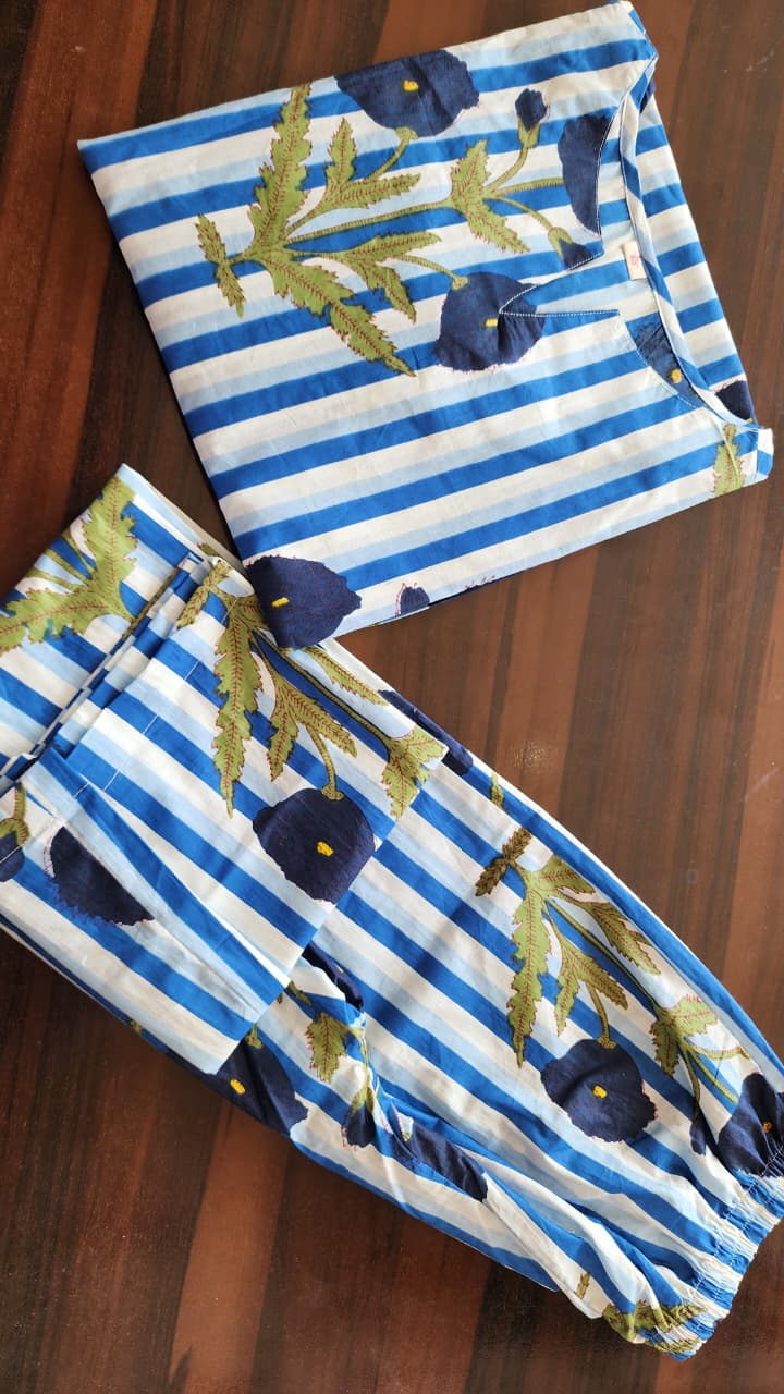 Women’s Striped Floral Cotton Kurta Set