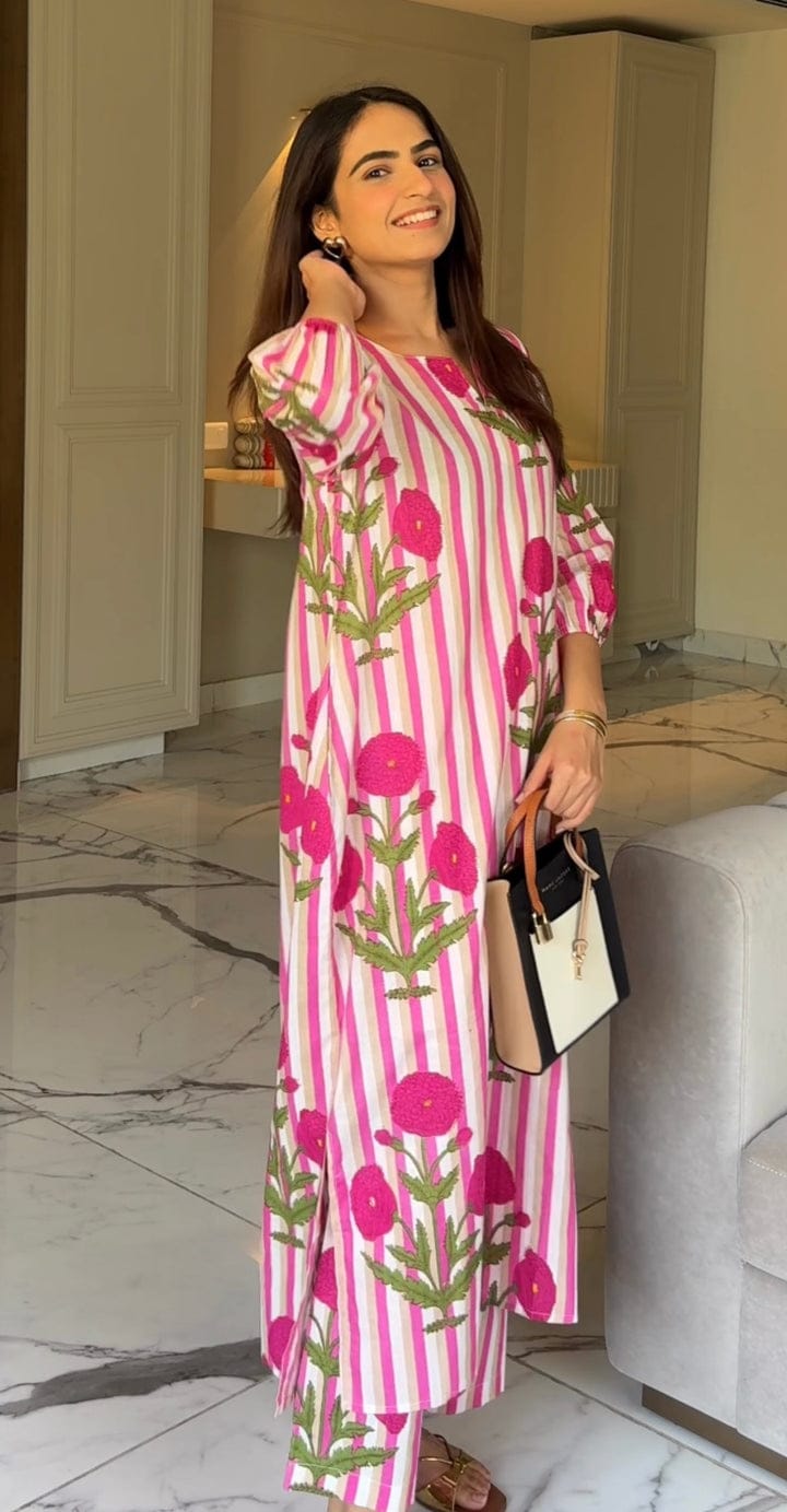 Women’s Striped Floral Cotton Kurta Set