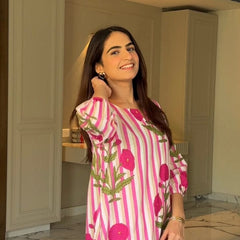 Women’s Striped Floral Cotton Kurta Set