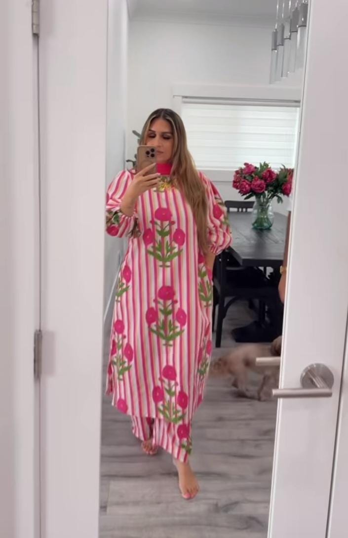 Women’s Striped Floral Cotton Kurta Set