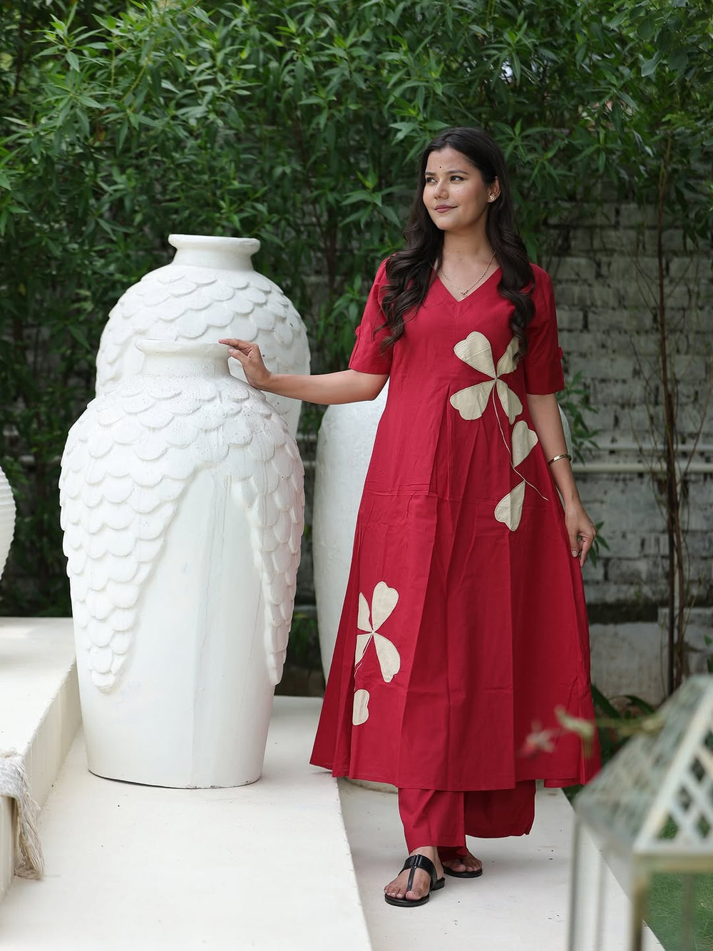 Cotton Red Floral A-Line Suit Set (M to 2XL)