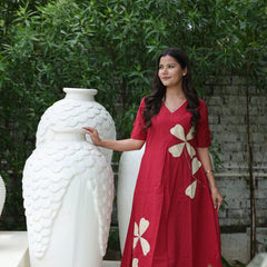 Cotton Red Floral A-Line Suit Set (M to 2XL)