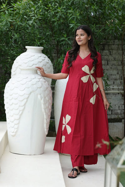 Cotton Red Floral A-Line Suit Set (M to 2XL)