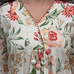 Floral Flared Kurta Set with Pocket & Katha Handwork (Cotton Slub)