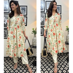 Floral Flared Kurta Set with Pocket & Katha Handwork (Cotton Slub)