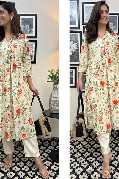 Floral Flared Kurta Set with Pocket & Katha Handwork (Cotton Slub)