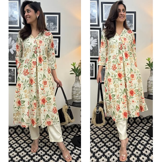 Floral Flared Kurta Set with Pocket & Katha Handwork (Cotton Slub)