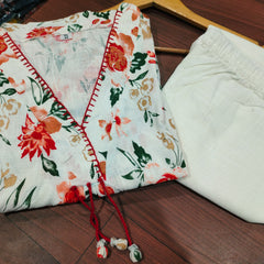 Floral Flared Kurta Set with Pocket & Katha Handwork (Cotton Slub)