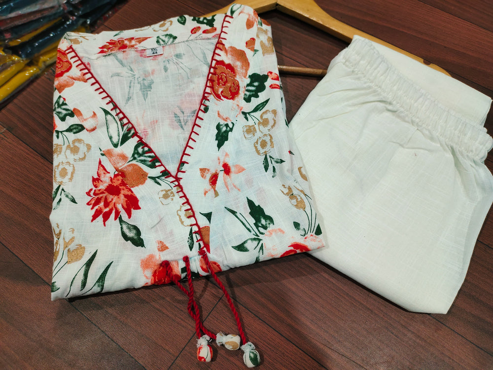 Floral Flared Kurta Set with Pocket & Katha Handwork (Cotton Slub)