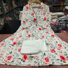 Floral Flared Kurta Set with Pocket & Katha Handwork (Cotton Slub)