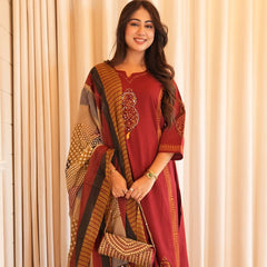 Maroon Mirror Work Cotton Kurta Set with Printed Dupatta