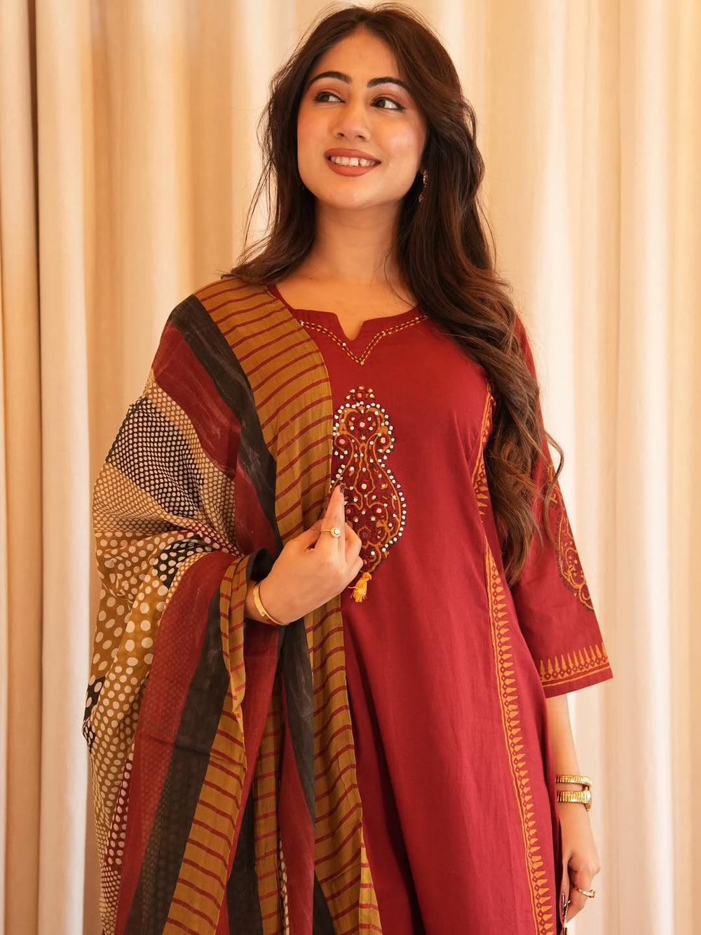 Maroon Mirror Work Cotton Kurta Set with Printed Dupatta