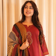 Maroon Mirror Work Cotton Kurta Set with Printed Dupatta