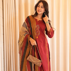 Maroon Mirror Work Cotton Kurta Set with Printed Dupatta