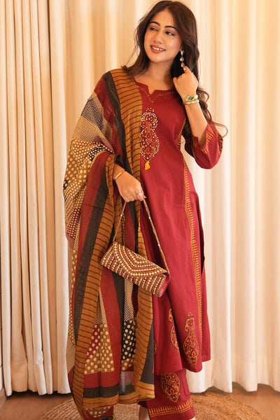 Maroon Mirror Work Cotton Kurta Set with Printed Dupatta