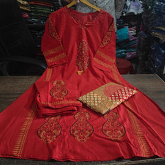 Maroon Mirror Work Cotton Kurta Set with Printed Dupatta