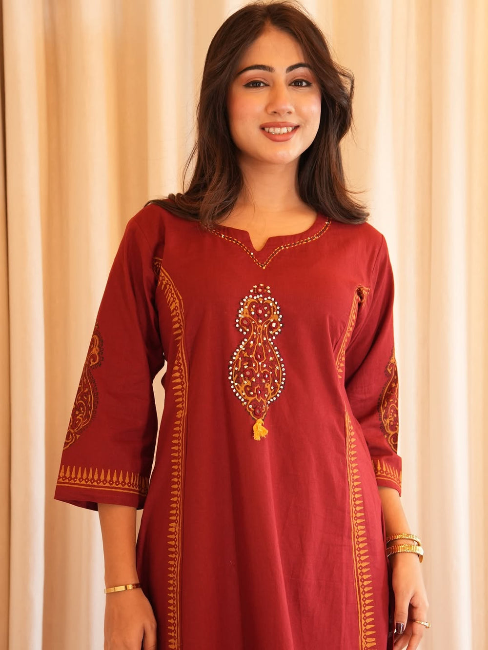 Maroon Mirror Work Cotton Kurta Set with Printed Dupatta