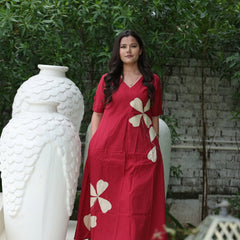 Cotton Red Floral A-Line Suit Set (M to 2XL)