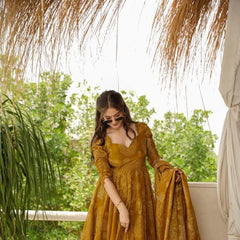 Mustard Yellow Cotton Full-Flare Gown Set with Bandhani Print & Dupatta