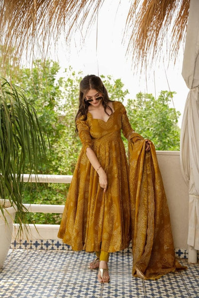 Mustard Yellow Cotton Full-Flare Gown Set with Bandhani Print & Dupatta