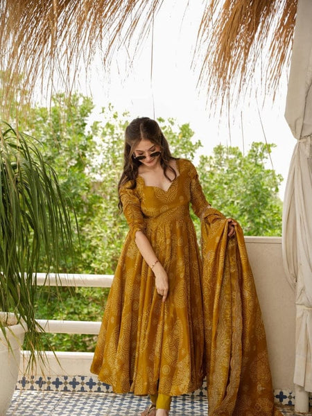 Mustard Yellow Cotton Full-Flare Gown Set with Bandhani Print & Dupatta