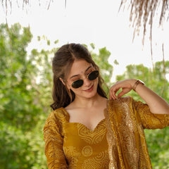 Mustard Yellow Cotton Full-Flare Gown Set with Bandhani Print & Dupatta