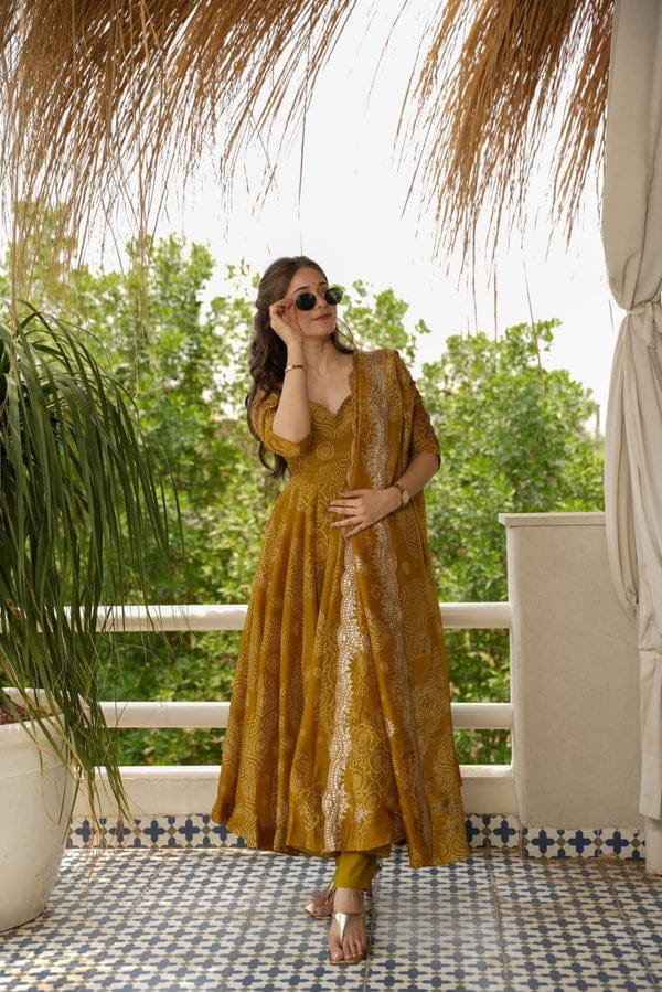 Mustard Yellow Cotton Full-Flare Gown Set with Bandhani Print & Dupatta