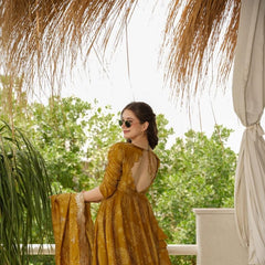 Mustard Yellow Cotton Full-Flare Gown Set with Bandhani Print & Dupatta
