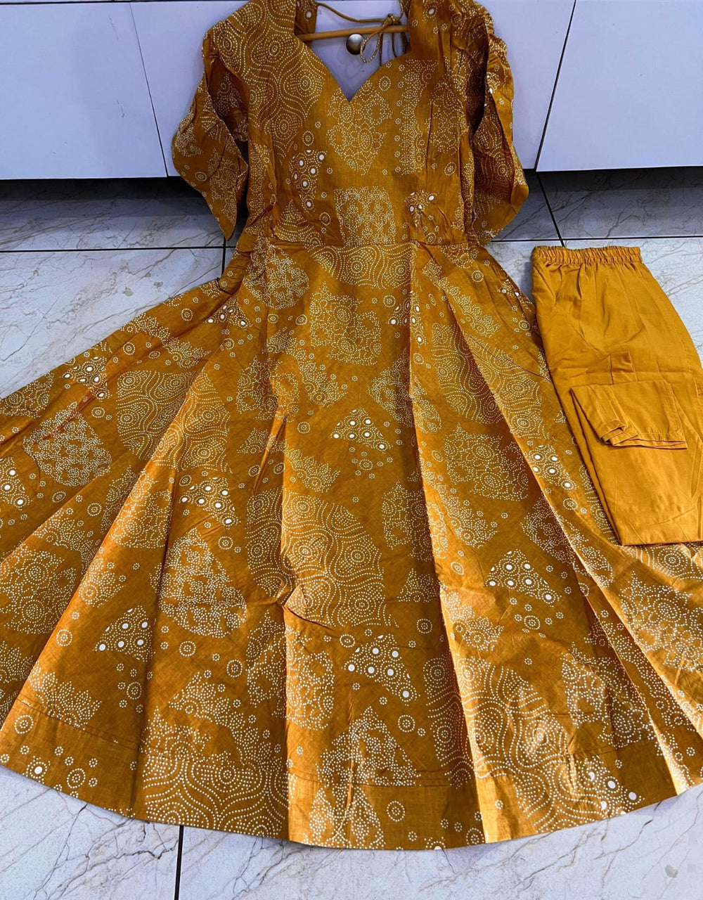 Mustard Yellow Cotton Full-Flare Gown Set with Bandhani Print & Dupatta
