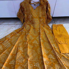 Mustard Yellow Cotton Full-Flare Gown Set with Bandhani Print & Dupatta