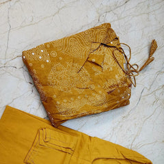 Mustard Yellow Cotton Full-Flare Gown Set with Bandhani Print & Dupatta