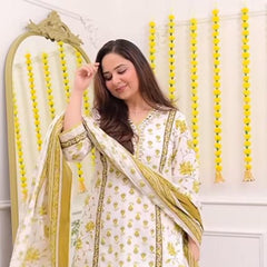 Handblock Floral Printed Cotton Suit Set – Blue & Mustard Yellow Variants