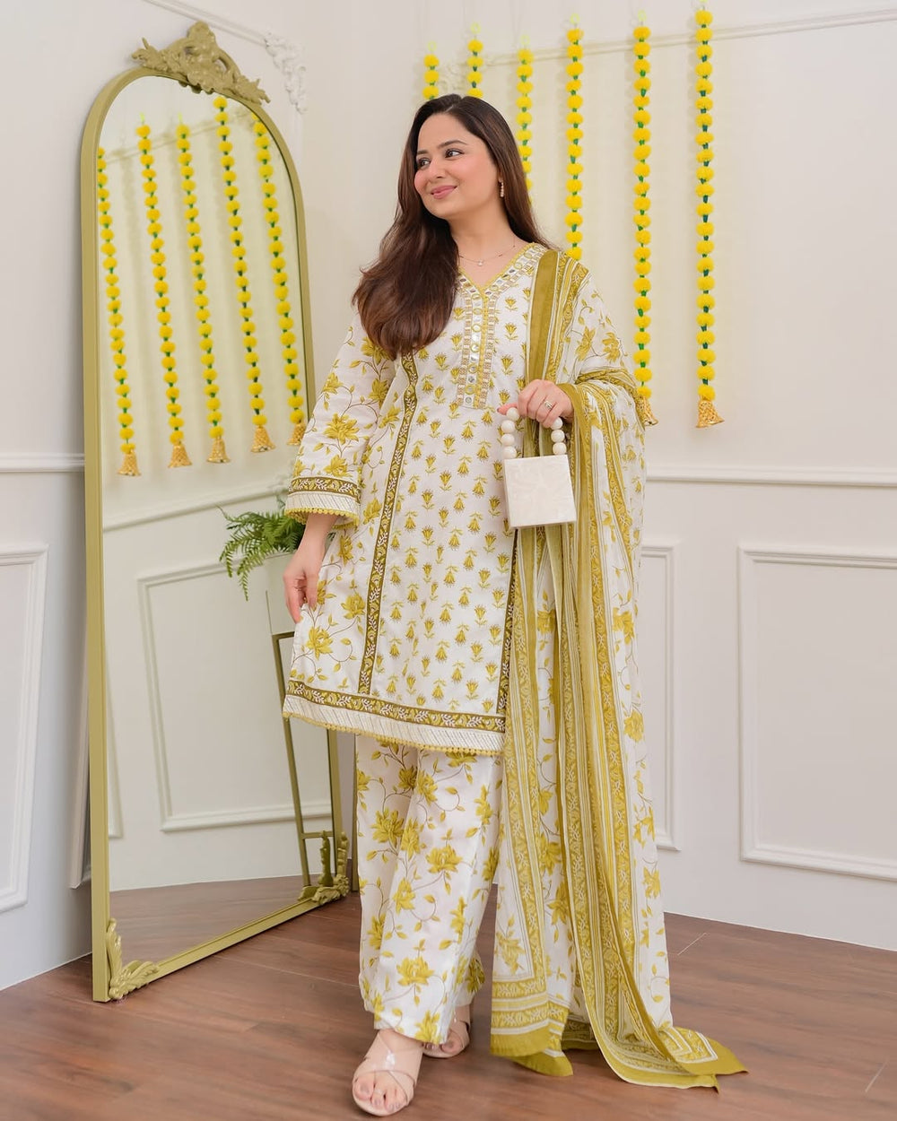 Handblock Floral Printed Cotton Suit Set – Blue & Mustard Yellow Variants