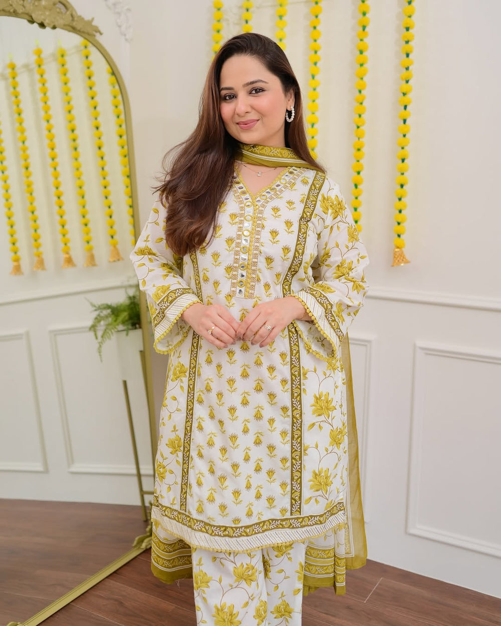 Handblock Floral Printed Cotton Suit Set – Blue & Mustard Yellow Variants