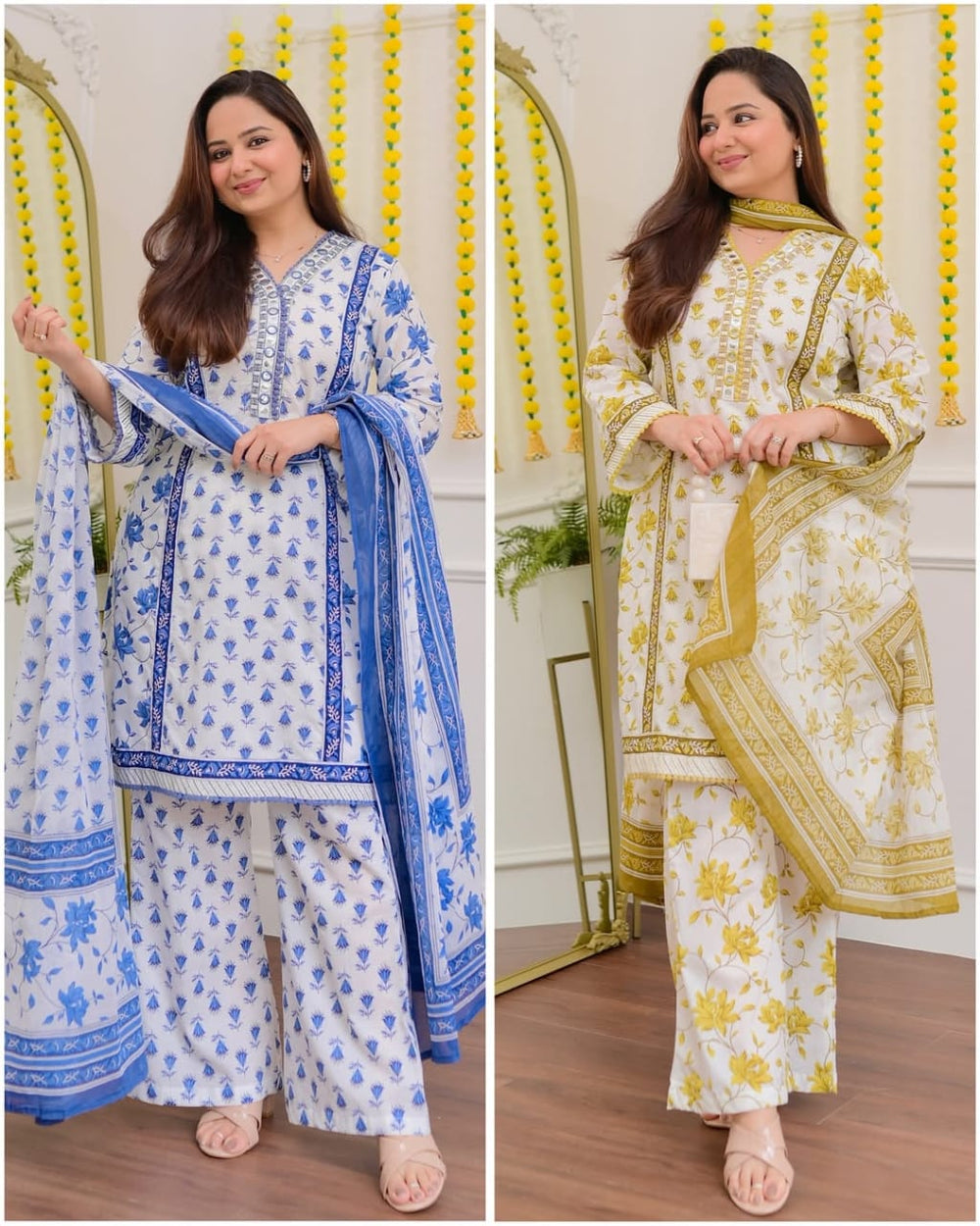 Handblock Floral Printed Cotton Suit Set – Blue & Mustard Yellow Variants