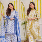 Handblock Floral Printed Cotton Suit Set – Blue & Mustard Yellow Variants